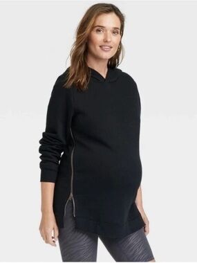 Black Maternity Hoodie with Side Zipper